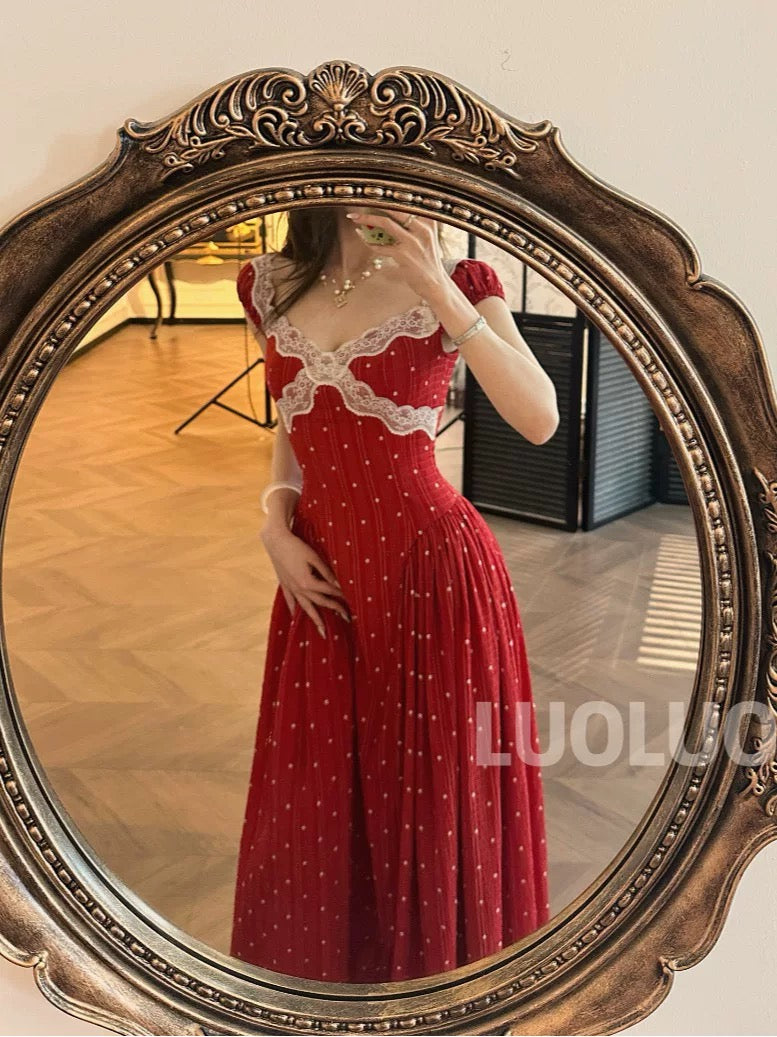 LUOLUOZ 【Burning Evening Clouds】High-End Elegant Color-Blocked Pleated Hem Long Dress JF711