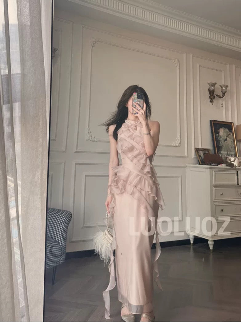 LUOLUOZ【Misty Lake Light】High-End Elegant Luxury Faux Two-Piece Fashion Long Dress JF840