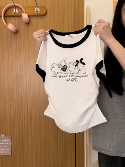 Creamy Universe Foam Love Rabbit Color Matching Right Shoulder Short Sleeve T-Shirt New Style Short Sleeve Top for Girls Sweet Girl Age Reduction