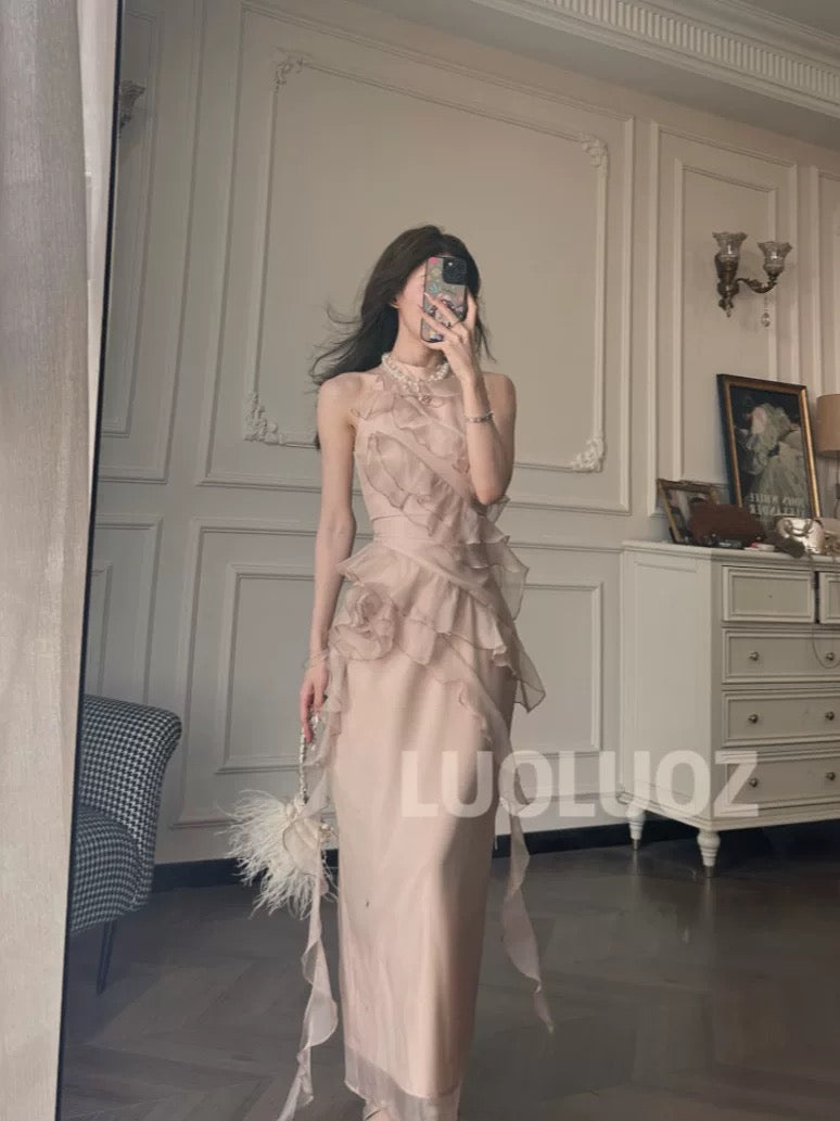 LUOLUOZ【Misty Lake Light】High-End Elegant Luxury Faux Two-Piece Fashion Long Dress JF840