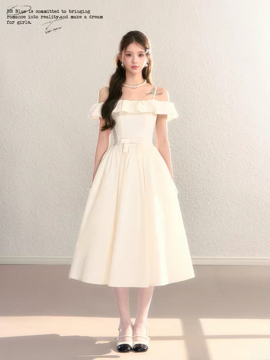 BBBLUE Original Design / Pure White Moonlight / High-End Elegance Off-Shoulder A-Line Waist-Defining Ruffle Dress