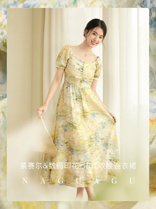 Pumpkin Valley [Oil Painting Skirt] Select U-quality Lyocell digital printing technology_French waist dress