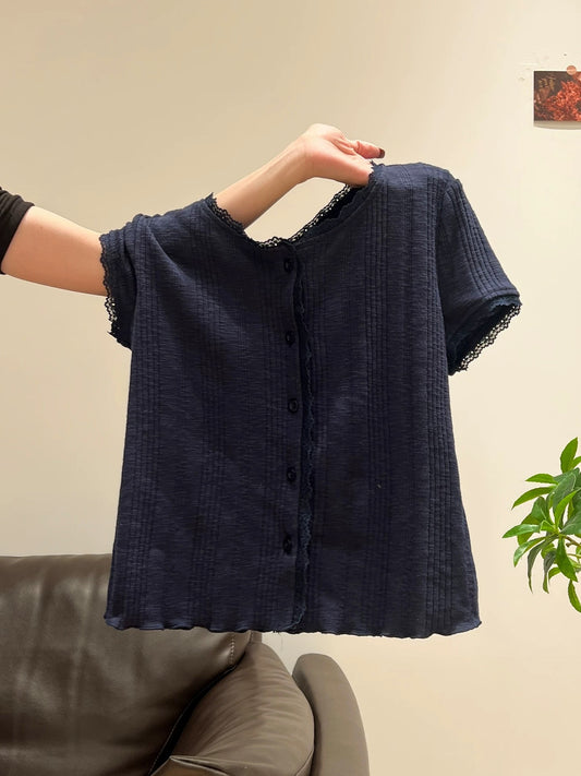 Summer Collection Blue Round Neck Lace-Trimmed Short-Sleeve T-Shirt for Women, 2026 Summer Slim Fit with Ruffled Hem
