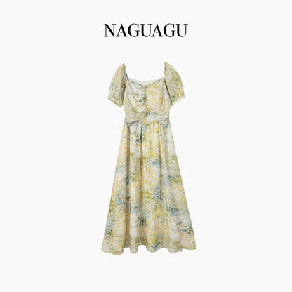 Pumpkin Valley [Oil Painting Skirt] Select U-quality Lyocell digital printing technology_French waist dress