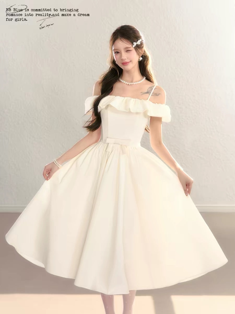 BBBLUE Original Design / Pure White Moonlight / High-End Elegance Off-Shoulder A-Line Waist-Defining Ruffle Dress