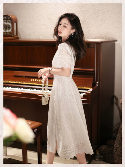 Pumpkin Valley White Lily of the Valley Tencel Heavy Industry White Embroidery French V-neck Dress Women's 2024 Summer Skirt