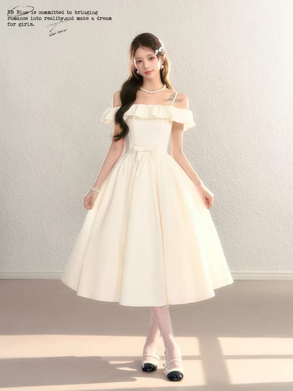 BBBLUE Original Design / Pure White Moonlight / High-End Elegance Off-Shoulder A-Line Waist-Defining Ruffle Dress