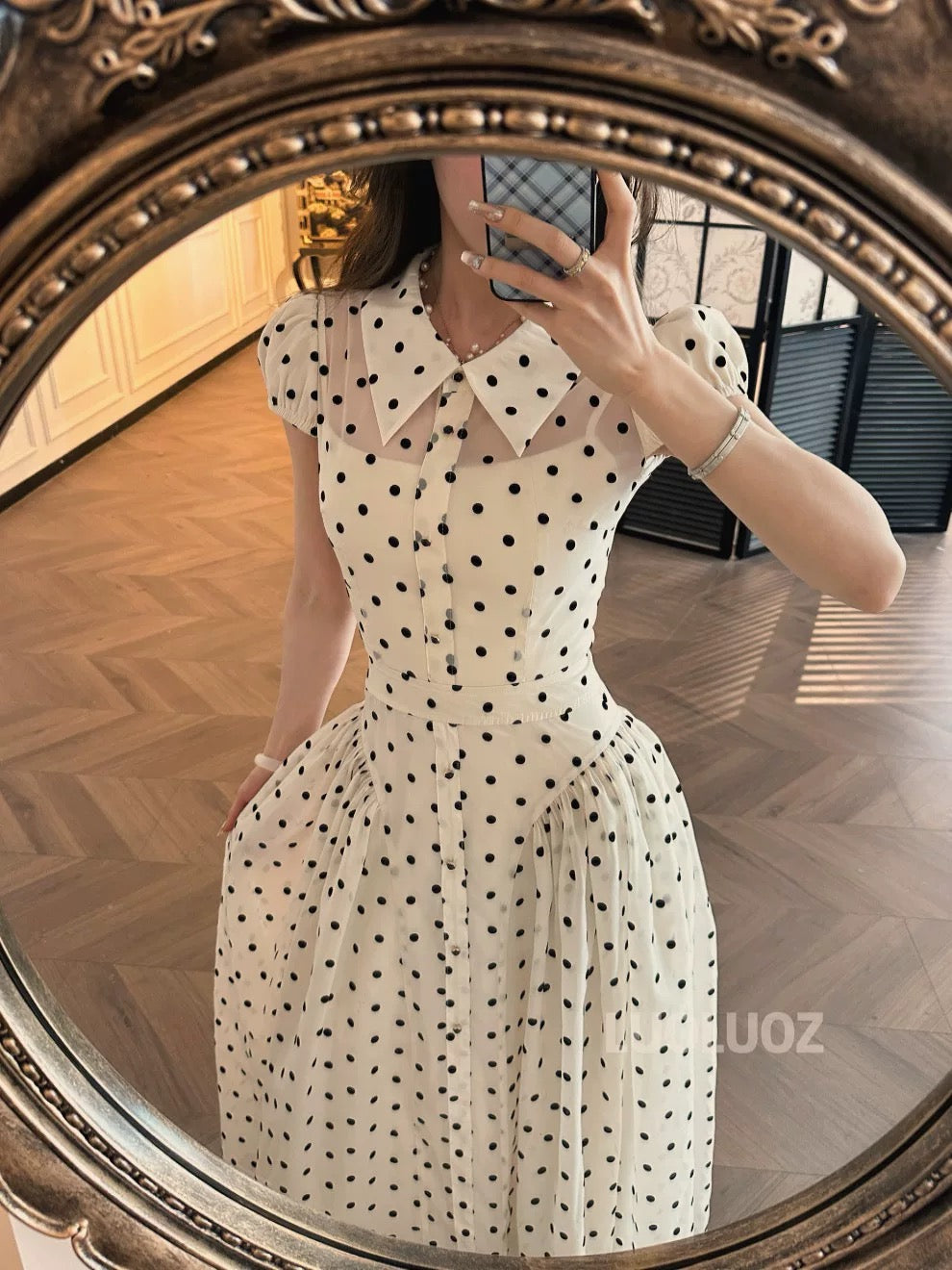LUOLUOZ【Dream Lake】Elegant Polo Collar Fashionable Mesh Polka Dot Long Dress JF928