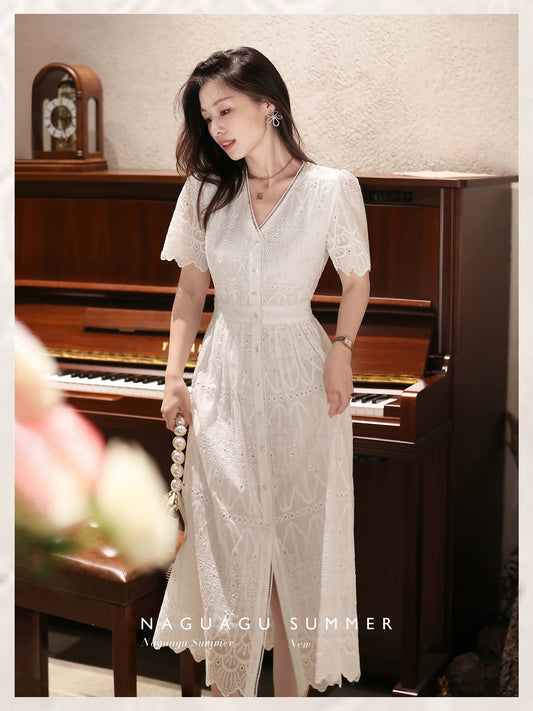 Pumpkin Valley White Lily of the Valley Tencel Heavy Industry White Embroidery French V-neck Dress Women's 2024 Summer Skirt