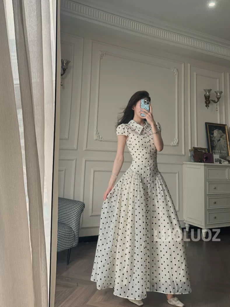 LUOLUOZ【Dream Lake】Elegant Polo Collar Fashionable Mesh Polka Dot Long Dress JF928