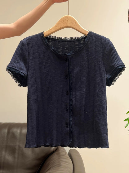 Summer Collection Blue Round Neck Lace-Trimmed Short-Sleeve T-Shirt for Women, 2026 Summer Slim Fit with Ruffled Hem