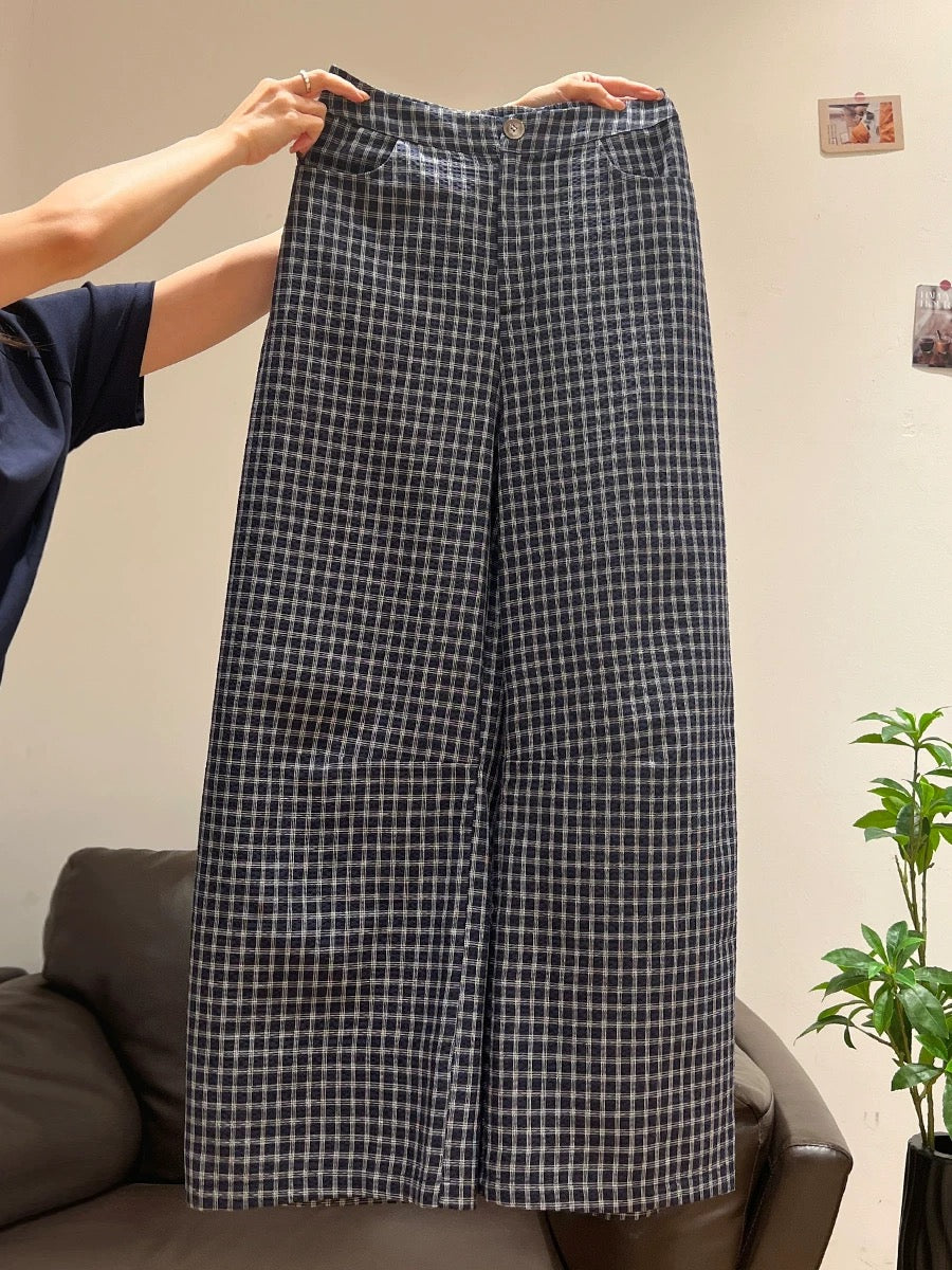 Xia Zhen Blue Plaid Retro Casual Pants Women's 2025 Summer New Straight Leg High Waist Slimming Loose Wide Leg Pants