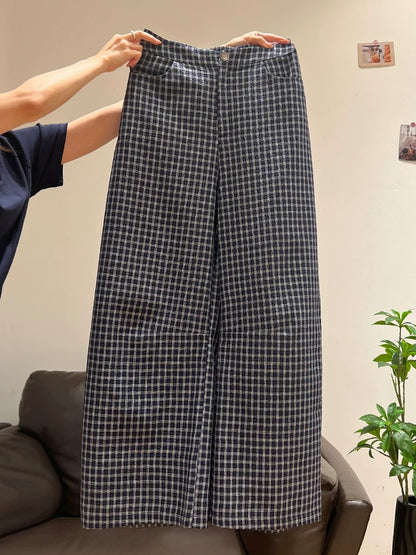 Xia Zhen Blue Plaid Retro Casual Pants Women's 2025 Summer New Straight Leg High Waist Slimming Loose Wide Leg Pants