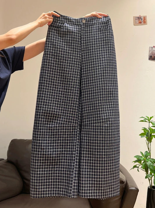 Xia Zhen Blue Plaid Retro Casual Pants Women's 2025 Summer New Straight Leg High Waist Slimming Loose Wide Leg Pants