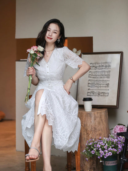 Pumpkin Valley White Lily of the Valley Tencel Heavy Industry White Embroidery French V-neck Dress Women's 2024 Summer Skirt