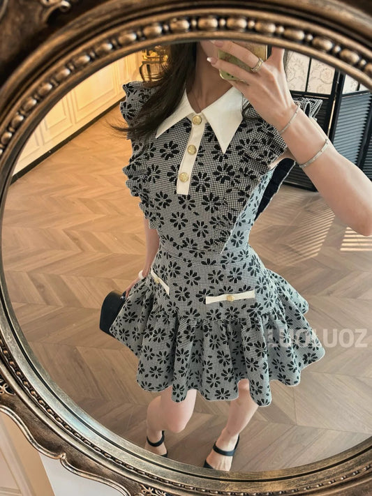 LUOLUOZ 【Floral Goddess's Grace】Exquisitely Beautiful Floral Patchwork Fashionable and Light Luxury Short Dress CC177