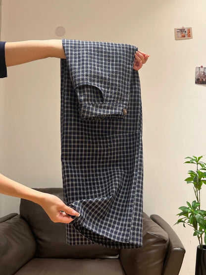 Xia Zhen Blue Plaid Retro Casual Pants Women's 2025 Summer New Straight Leg High Waist Slimming Loose Wide Leg Pants