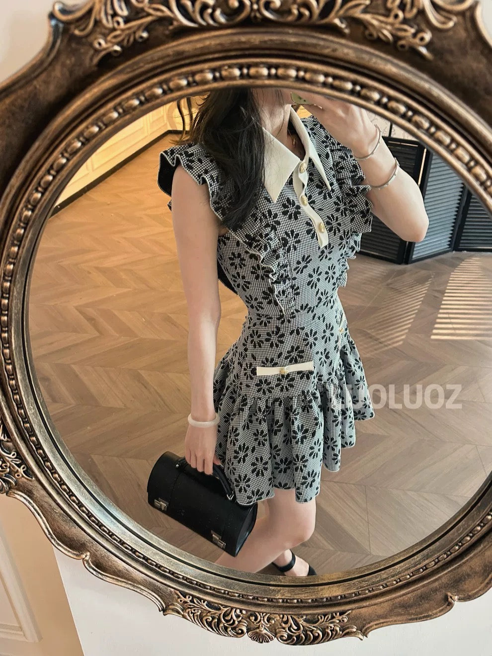 LUOLUOZ 【Floral Goddess's Grace】Exquisitely Beautiful Floral Patchwork Fashionable and Light Luxury Short Dress CC177