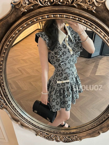 LUOLUOZ 【Floral Goddess's Grace】Exquisitely Beautiful Floral Patchwork Fashionable and Light Luxury Short Dress CC177