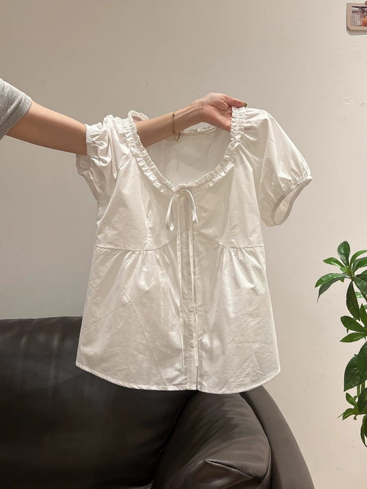 Xia Zhen White Cardigan with Ruffled Trim Design, Short-Sleeved T-Shirt, Women's Summer Puff Sleeve Gathered Top