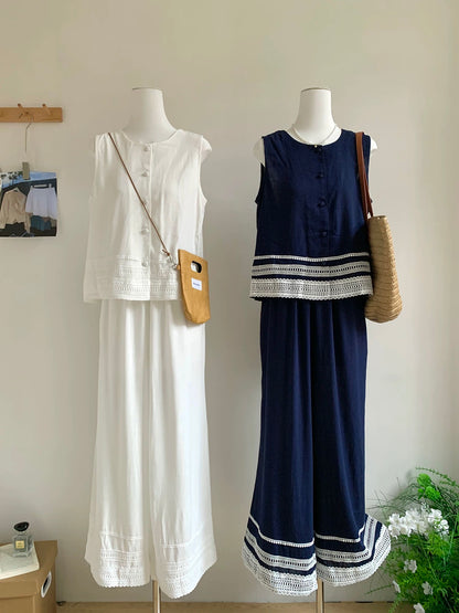 Korean style high-end fashion temperament lace sleeveless vest top slim wide-leg casual pants two-piece suit for women