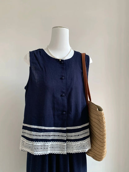 Korean style high-end fashion temperament lace sleeveless vest top slim wide-leg casual pants two-piece suit for women