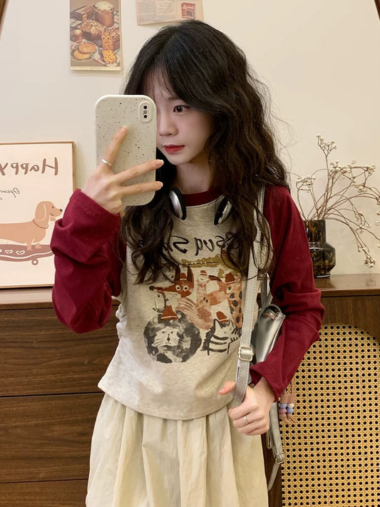 Cream Universe Graffiti Cartoon White Wine Red Raglan Long Sleeve T-shirt Women's College Style Bottoming Top New Style