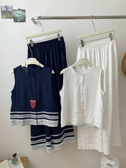 Korean style high-end fashion temperament lace sleeveless vest top slim wide-leg casual pants two-piece suit for women