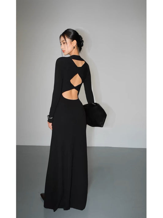 NEVA HU black half-high collar backless knitted dress with niche waist slimming mid-length skirt