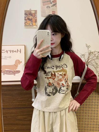 Cream Universe Graffiti Cartoon White Wine Red Raglan Long Sleeve T-shirt Women's College Style Bottoming Top New Style