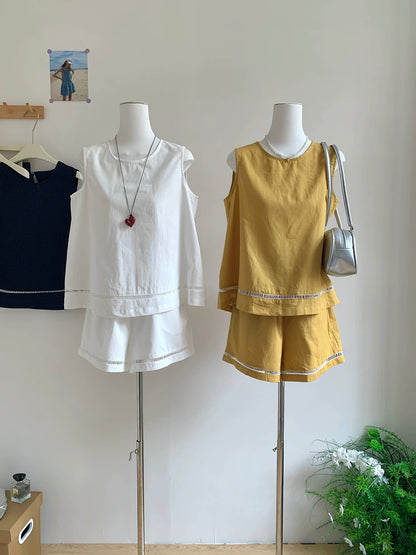 Korean style Thirteen Lines simple temperament round neck splicing vest top casual versatile wide leg shorts fashion suit for women