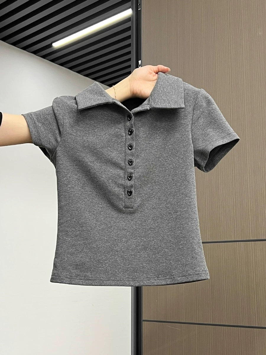Xia Zhen Grey Korean Style College Style Polo Collar Button-Down Short Sleeve T-Shirt Women's Summer Hot Girl Slim Fit Top