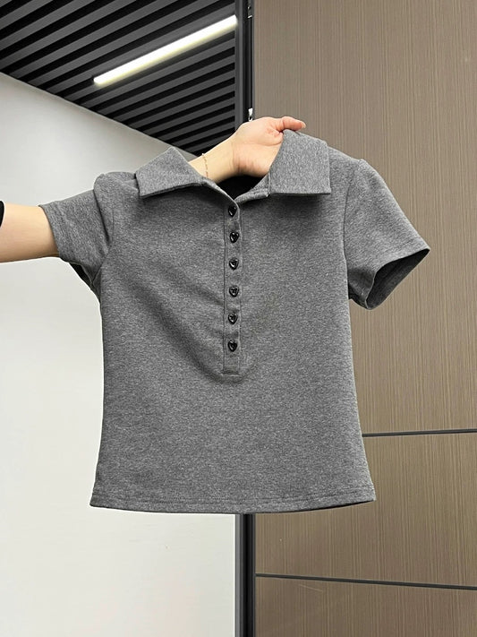 Xia Zhen Grey Korean Style College Style Polo Collar Button-Down Short Sleeve T-Shirt Women's Summer Hot Girl Slim Fit Top