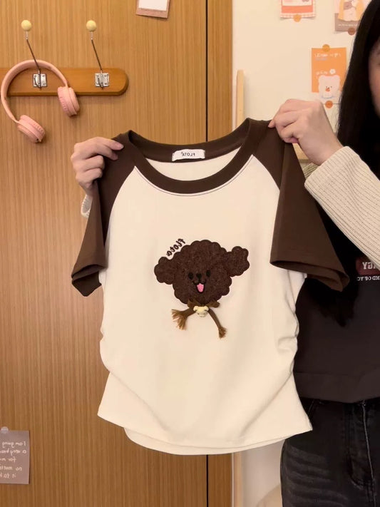 Cream Universe Cute flocked puppy raglan short-sleeved T-shirt for women Japanese college style short top summer new style