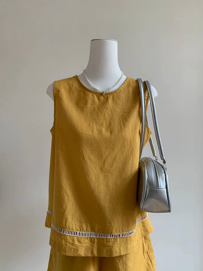 Korean style Thirteen Lines simple temperament round neck splicing vest top casual versatile wide leg shorts fashion suit for women