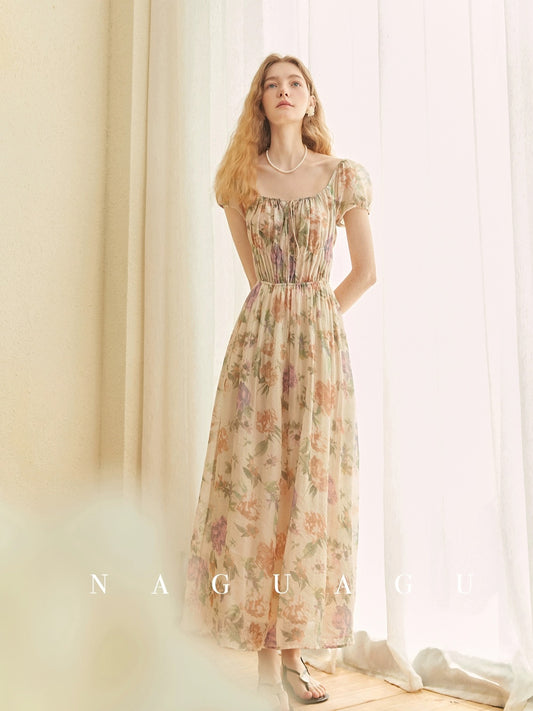 Pumpkin Valley [Nianhua Yimeng] Small quantity in stock Lyocell square neck waist slimming short-sleeved floral dress