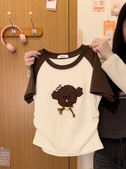 Cream Universe Cute flocked puppy raglan short-sleeved T-shirt for women Japanese college style short top summer new style