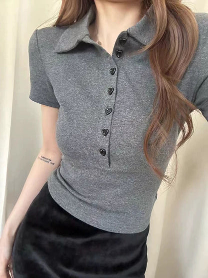 Xia Zhen Grey Korean Style College Style Polo Collar Button-Down Short Sleeve T-Shirt Women's Summer Hot Girl Slim Fit Top