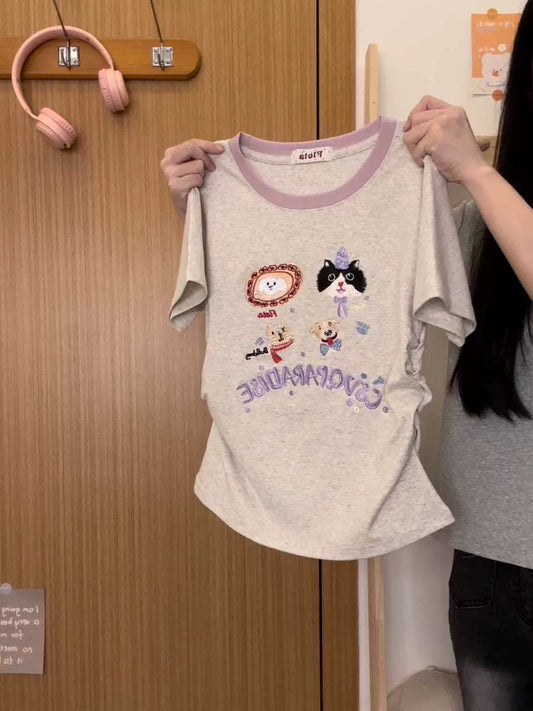 Cream Universe Embroidered Cartoon Color Blocking Right Shoulder Short Sleeve T-Shirt for Women Japanese Sweet Girl Slim Short Top New Style