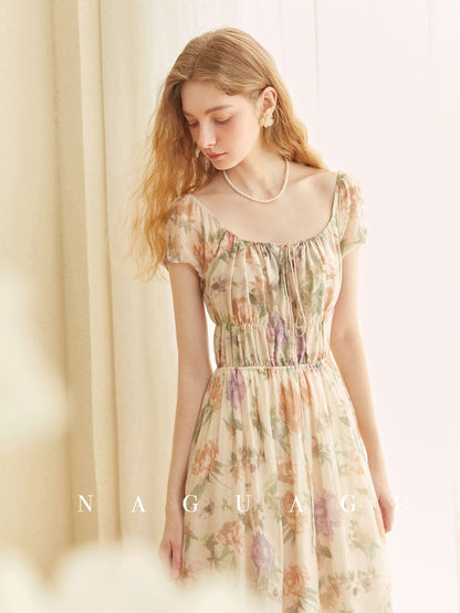 Pumpkin Valley [Nianhua Yimeng] Small quantity in stock Lyocell square neck waist slimming short-sleeved floral dress