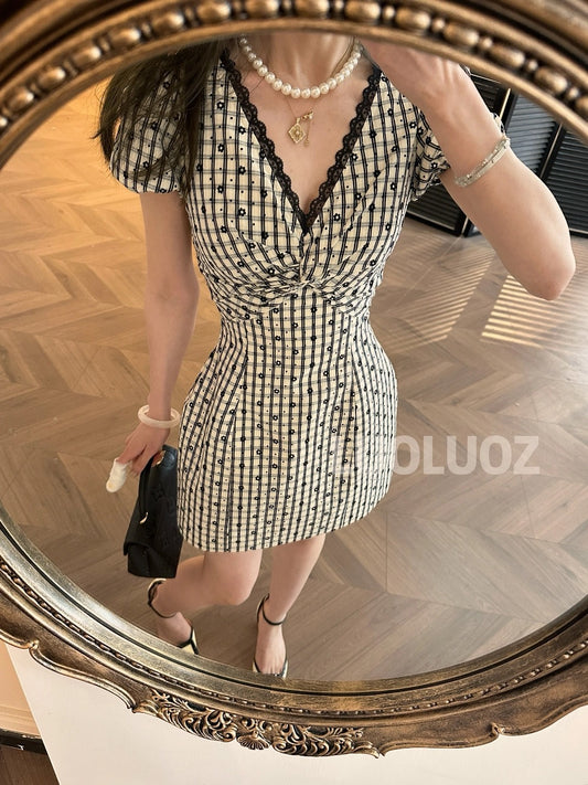 LUOLUOZ Obsidian Queen French Light Luxury Retro Gathered Waist Short Dress Jf677