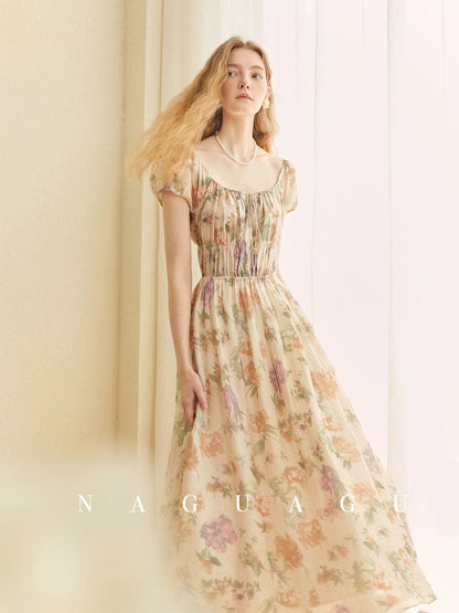 Pumpkin Valley [Nianhua Yimeng] Small quantity in stock Lyocell square neck waist slimming short-sleeved floral dress