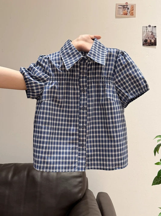 Xia Zhen Korean Style Blue Plaid Short-Sleeve T-Shirt Women's Summer New Style Puff Sleeve Turn-Down Collar High-End Stylish Top