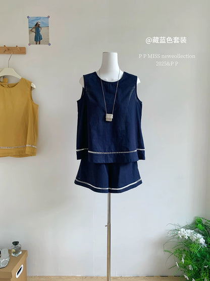 Korean style Thirteen Lines simple temperament round neck splicing vest top casual versatile wide leg shorts fashion suit for women