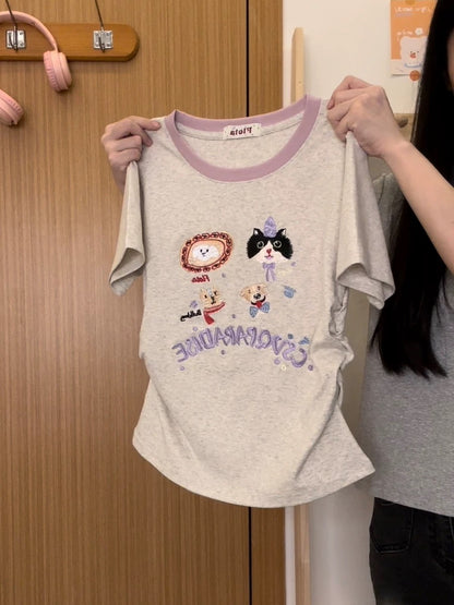 Cream Universe Embroidered Cartoon Color Blocking Right Shoulder Short Sleeve T-Shirt for Women Japanese Sweet Girl Slim Short Top New Style