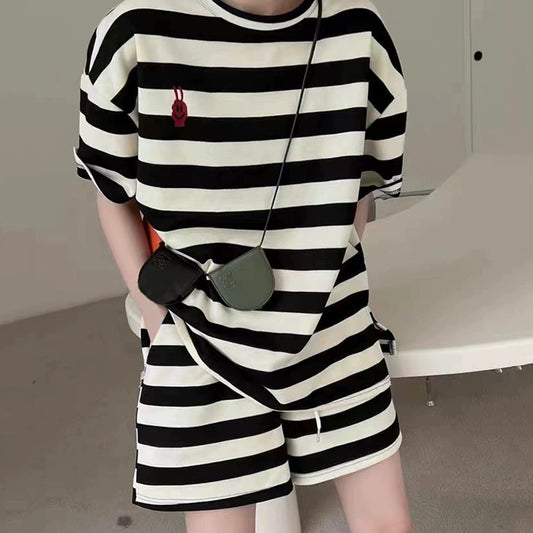 2024 new summer women's round neck striped short-sleeved casual sports suit for women summer two-piece set