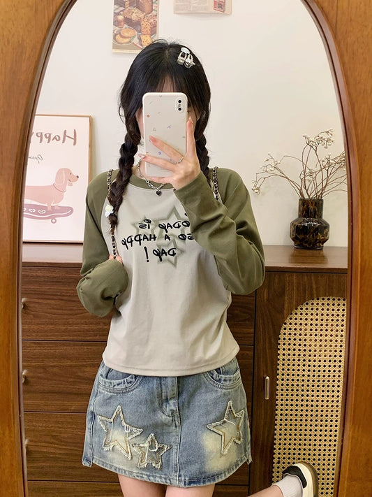 Cream Universe Star Letter Green Raglan Long Sleeve T-shirt Women's College Style Bottoming Top New Style