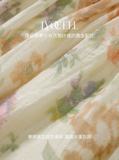Pumpkin Valley [Nianhua Yimeng] Small quantity in stock Lyocell square neck waist slimming short-sleeved floral dress