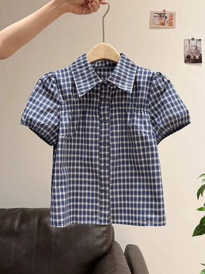 Xia Zhen Korean Style Blue Plaid Short-Sleeve T-Shirt Women's Summer New Style Puff Sleeve Turn-Down Collar High-End Stylish Top