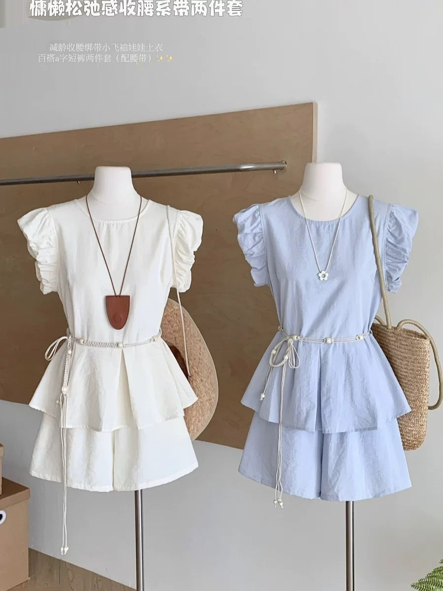 French Hepburn style temperament design waist tie short-sleeved top elastic waist shorts age-reducing fashion suit for women